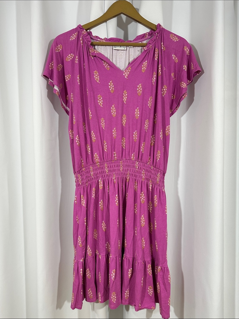 Wonderly Dress Large Pink Gold Print Smocked Waist Boho Mini Dress